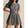 image:imageFloerns Womens Gingham Short Puff Sleeve Crew Neck Mini A Line Dress  Puff Sleeve Ruffle Preppy Going Out Plaid Casual A LineDark Blue