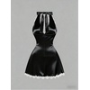 image:imageFloerns Womens Plus Size Satin Lace Trim Halter Dress Sleeveless Birthday Wedding Guest A Line DressesBlack