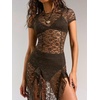 image:imageFloerns Womens Y2k Floral Sheer Lace Short Sleeve Slit Music Festival Long DressesBrown