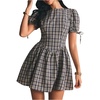 image:imageFloerns Womens Gingham Short Puff Sleeve Crew Neck Mini A Line Dress  Puff Sleeve Ruffle Preppy Going Out Plaid Casual A LineDark Blue