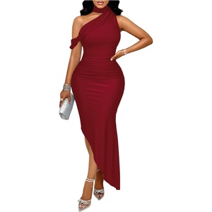 image:imageFloerns Womens Asymmetrical Neck Ruched Dress Bodycon Cocktail Party Maxi DressesDeep Red