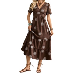 image:imageFloerns Womens Boho Summer Midi Dress Puff Sleeve V Neck Tiered Ruffle Vacation A Line DressesBrown