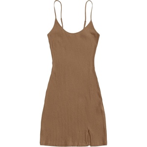 image:imageFloerns Womens Casual Solid Sleeveless Cami Split Hem Ribbed Knit Bodycon Mini DressBrown