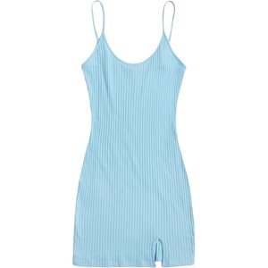 image:imageFloerns Womens Casual Solid Sleeveless Cami Split Hem Ribbed Knit Bodycon Mini DressLight Blue