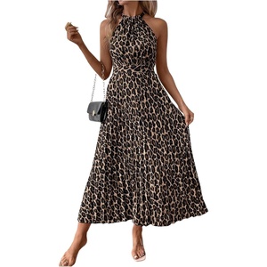 image:imageFloerns Womens Cheetah Print Halter Dress Sleeveless Leopard Pleated A Line Maxi DressesCoffee Brown