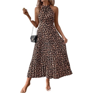 image:imageFloerns Womens Cheetah Print Halter Dress Sleeveless Leopard Pleated A Line Maxi DressesOrange