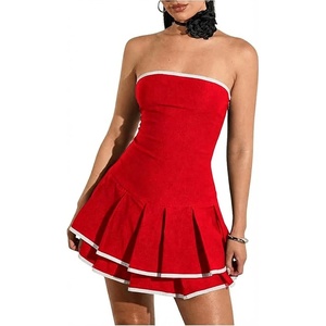 image:imageFloerns Womens Contrast Binding Tube Tops Dress Pleated Tiered Party A Line DressesHot Red