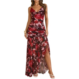 image:imageFloerns Womens Floral Cowl Neck Halter Dress Sleeveless Split Ruffle Vacation Maxi DressesBurgundy
