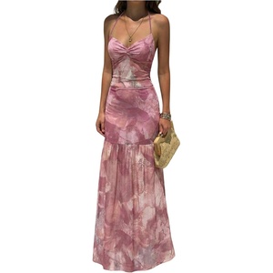 image:imageFloerns Womens Floral Mesh Halter Backless Boho Maxi Dress Wedding Guest Vacation Long DressesDusty Pink