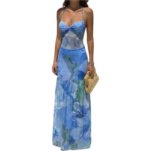 image:imageFloerns Womens Floral Mesh Halter Backless Boho Maxi Dress Wedding Guest Vacation Long DressesSky Blue