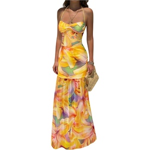 image:imageFloerns Womens Floral Mesh Halter Backless Boho Maxi Dress Wedding Guest Vacation Long DressesYellow