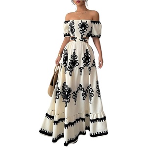 image:imageFloerns Womens Floral Off The Shoulder Maxi Dress Cut Out Bowknot Tiered A Line Beach DressesApricot Black Multi