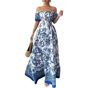 image:imageFloerns Womens Floral Off The Shoulder Maxi Dress Cut Out Bowknot Tiered A Line Beach DressesBlue