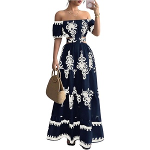 image:imageFloerns Womens Floral Off The Shoulder Maxi Dress Cut Out Bowknot Tiered A Line Beach DressesDark Blue