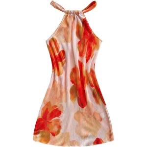 image:imageFloerns Womens Flower Print Halter Dress Sleeveless Pleated Boho Mini DressesOrange