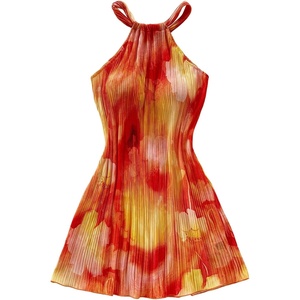 image:imageFloerns Womens Flower Print Halter Dress Sleeveless Pleated Boho Mini DressesOrange Multi
