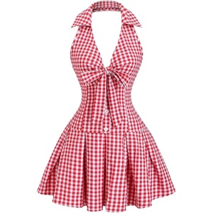 image:imageFloerns Womens Gingham Bow Halter Mini Dress Button Down Pleated Vintage Going Out Shirt DressesRed and White