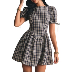 image:imageFloerns Womens Gingham Short Puff Sleeve Crew Neck Mini A Line Dress  Puff Sleeve Ruffle Preppy Going Out Plaid Casual A LineDark Blue