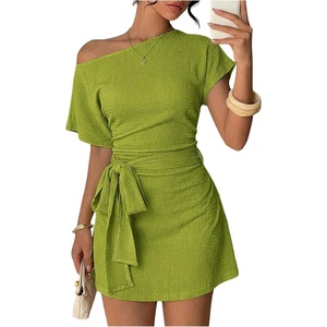 image:imageFloerns Womens Off The Shoulder Mini Dress Textured Short Sleeve Tie Front Night Out Party DressesGreen