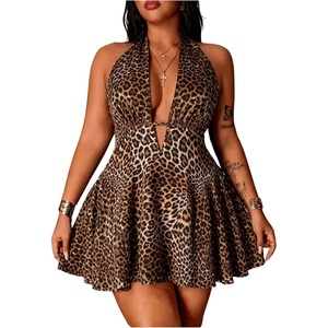 image:imageFloerns Womens Plus Size Cute Polka Dots Halter Mini Dress Ruffle A Line Going Out DressesBrown Leopard