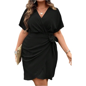 image:imageFloerns Womens Plus Size Dolman Sleeve Short Dress Ruched Wrap V Neck Knot Side Vacation DressesBlack