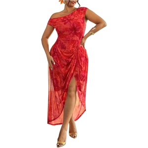 image:imageFloerns Womens Plus Size Floral Off The Shoulder Dress Ruched Split Hem Summer Long DressesOrange Multi