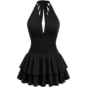 image:imageFloerns Womens Plus Size Halter Neck Mini Dress Sleeveless Layered Ruffle Going Out DressesBlack