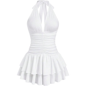 image:imageFloerns Womens Plus Size Halter Neck Mini Dress Sleeveless Layered Ruffle Going Out DressesWhite
