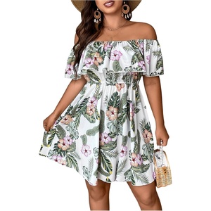 image:imageFloerns Womens Plus Size Off The Shoulder Floral Dress Short Sleeve A Line Flowy Summer DressesGreen Multi