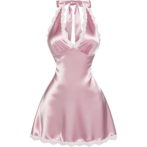 image:imageFloerns Womens Plus Size Satin Lace Trim Halter Dress Sleeveless Birthday Wedding Guest A Line DressesLight Pink