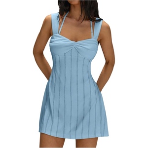 image:imageFloerns Womens Striped Halter Mini Dress Summer Sleeveless Twist Front A Line Going Out DressesLight Blue