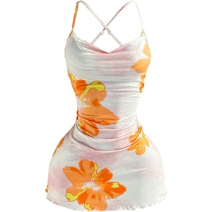 image:imageFloerns Womens Summer Floral Cowl Neck Mini Dress Ruched Criss Cross Beach Vacation DressesWhite and Orange