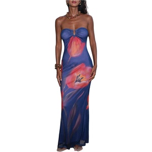 image:imageFloerns Womens Summer Floral Tube Dress Mesh Strapless Bodycon Vacation Maxi DressesBlue