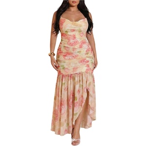 image:imageFloerns Womens Summer Plus Size Floral Maxi Dress Ruched Spaghetti Strap Backless Ruffle Slit Party DressesLight Yellow