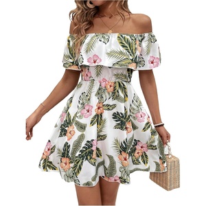 image:imageFloerns Womens Tropical Print Off The Shoulder Dress Short Sleeve Ruffle A Line Vacation DressesWhite Multi