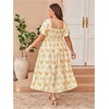 image:imageFloerns Womens Plus Size Floral Square Neck Short Sleeve Maxi Dress  A Line Flounce Wedding Guest Spring Summer Easter Curvy Sundress Picnic Flared HemYellow Multi