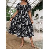 image:imageFloerns Womens Plus Size Floral Square Neck Short Sleeve Maxi Dress  A Line Flounce Wedding Guest Spring Summer Easter Curvy Sundress Picnic Flared HemBlack