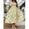 image:imageFloerns Womens Plus Size Floral Square Neck Short Sleeve Maxi Dress  A Line Flounce Wedding Guest Spring Summer Easter Curvy Sundress Picnic Flared HemYellow