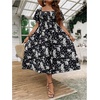 image:imageFloerns Womens Plus Size Floral Square Neck Short Sleeve Maxi Dress  A Line Flounce Wedding Guest Spring Summer Easter Curvy Sundress Picnic Flared HemBlack