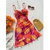 image:imageFloerns Womens Summer Tropical Twist Front Ruched Ruffle Hem Bodycon Dress  Floral Print Sleeveless Hawaiian Vacation Outifits Boho Cami DressesOrange