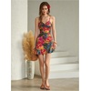 image:imageFloerns Womens Summer Tropical Twist Front Ruched Ruffle Hem Bodycon Dress  Floral Print Sleeveless Hawaiian Vacation Outifits Boho Cami DressesPink Multi