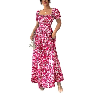 image:imageFloerns Womens Floral Short Puff Sleeve Milkmaid Boho A Line Long Dresses  Floral Polka Dots Flowy Beach Vacation Summer Cottage Core Resort Wear Maxi DressRose Red