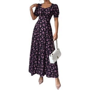 image:imageFloerns Womens Floral Short Puff Sleeve Milkmaid Boho A Line Long Dresses  Floral Polka Dots Flowy Beach Vacation Summer Cottage Core Resort Wear Maxi DressPurple