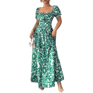 image:imageFloerns Womens Floral Short Puff Sleeve Milkmaid Boho A Line Long Dresses  Floral Polka Dots Flowy Beach Vacation Summer Cottage Core Resort Wear Maxi DressGreen