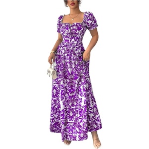 image:imageFloerns Womens Floral Short Puff Sleeve Milkmaid Boho A Line Long Dresses  Floral Polka Dots Flowy Beach Vacation Summer Cottage Core Resort Wear Maxi DressPurple and White
