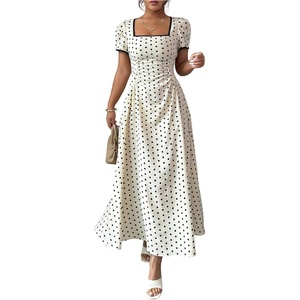 image:imageFloerns Womens Floral Short Puff Sleeve Milkmaid Boho A Line Long Dresses  Floral Polka Dots Flowy Beach Vacation Summer Cottage Core Resort Wear Maxi DressBlack White Polka Dots