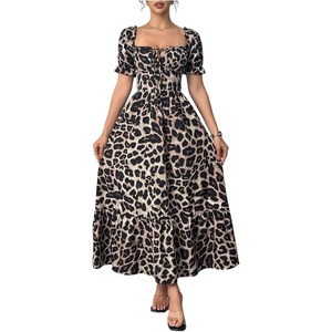 image:imageFloerns Womens Floral Short Puff Sleeve Milkmaid Boho A Line Long Dresses  Floral Polka Dots Flowy Beach Vacation Summer Cottage Core Resort Wear Maxi DressBrown Multi