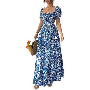 image:imageFloerns Womens Floral Short Puff Sleeve Milkmaid Boho A Line Long Dresses  Floral Polka Dots Flowy Beach Vacation Summer Cottage Core Resort Wear Maxi DressDeep Blue