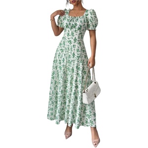 image:imageFloerns Womens Floral Short Puff Sleeve Milkmaid Boho A Line Long Dresses  Floral Polka Dots Flowy Beach Vacation Summer Cottage Core Resort Wear Maxi DressMint Green