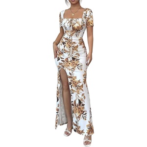 image:imageFloerns Womens Floral Short Puff Sleeve Milkmaid Boho A Line Long Dresses  Floral Polka Dots Flowy Beach Vacation Summer Cottage Core Resort Wear Maxi DressKhaki